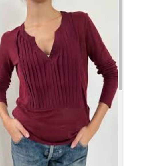 EUC Sandro Paris Burgundy Linen V-Kneck Pleated Front Blouse - Picture 1 of 11